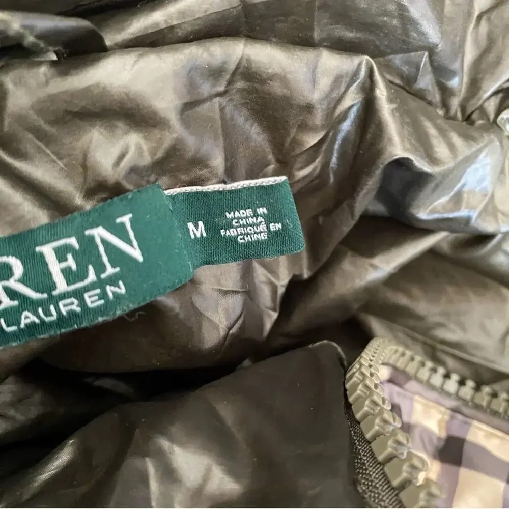 Lauren Ralph Lauren Green Plaid Puffer Quilted Jacket Loden Check size medium